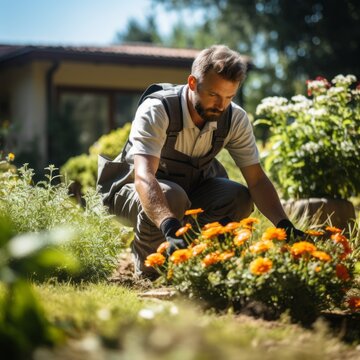 Gardener planting flowers in the garden. Gardening concept. Gardening. Handsome adult man working in the garden.