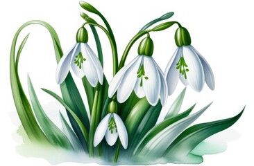 Fototapeta na wymiar watercolor illustration first spring snowdrops flowers sticking out from the snow.