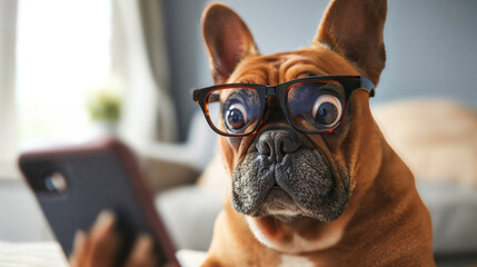 Inquisitive French Bulldog Wearing Glasses and Staring at a Smartphone with a Surprised Expression