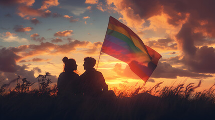 Romantic scene featuring a same-gender couple enjoying a sunset together, with the LGTBIQ+ flag incorporated into the landscape
