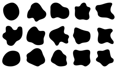 A set of irregularly shaped black spots. Organic and liquid simple shapes. Ink blots, drops, pebbles. Silhouettes on a white background.