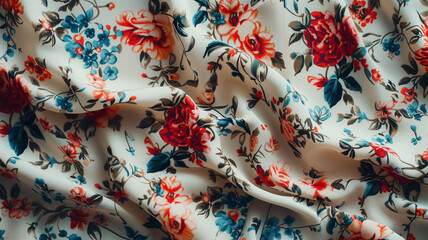 An Exquisite Floral Patterned Fabric Draped Gracefully, Blossoming with Vivid Roses and Delicate Foliage