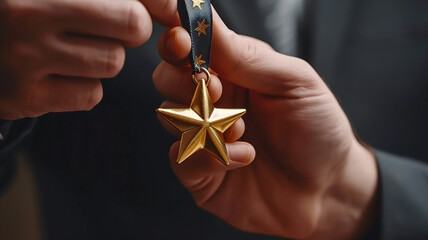 Businessman giving gold star to employee