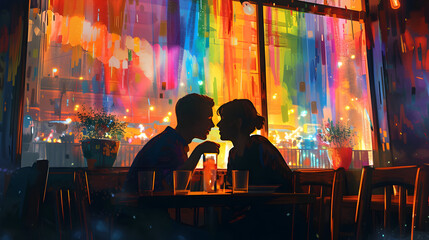 Fototapeta na wymiar Artistic portrayal of a same-gender couple on a romantic date in a cafe