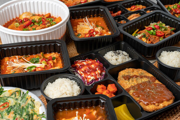 Korean food, braised spicy chicken, pork, kimchi stew, squid, stir-fry, red chili paste jjigae,...