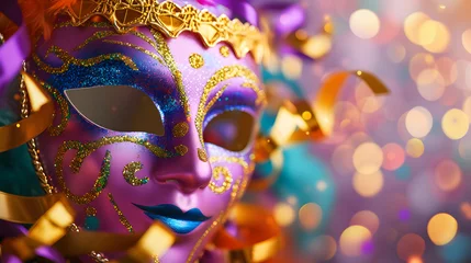 Fotobehang Vibrant Venetian Carnival Mask with Glitter and Bokeh Background © HappyKris