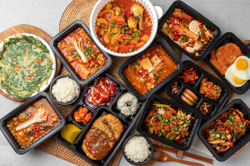 Korean food, braised spicy chicken, pork, kimchi stew, squid, stir-fry, red chili paste jjigae,...