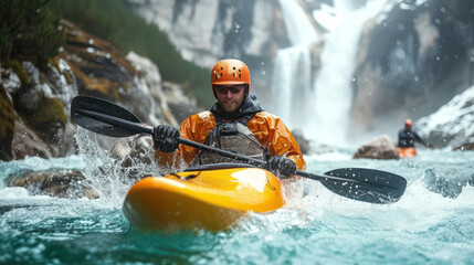 Kayaking and rafting Along the raging rivers in the mountains - obrazy, fototapety, plakaty