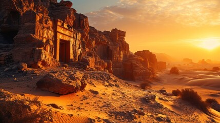 Ancient Middle Eastern desert landscape at sunset, with sand dunes, ancient structures, and the warm glow of twilight