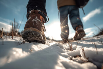 Crop traveler in boots standing on snow
