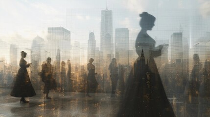Fototapeta na wymiar Women transparent figures from different historical periods layer over a modern-day cityscape. Women history month conceptual image. AI Generated