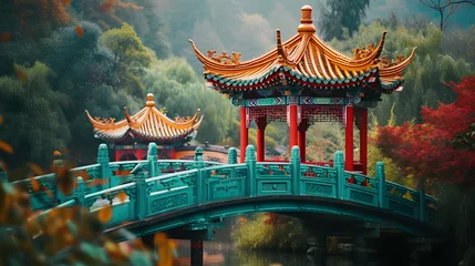 Wandcirkels aluminium Traditional Chinese Pavilion Bridge in Autumn Scenery © HappyKris