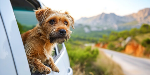 Portrait of a funny red puppy sticking its muzzle and paws out of the window of a white car during...