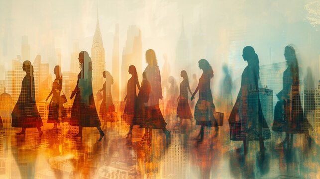 Women transparent figures from different historical periods layer over a modern-day cityscape. Women history month conceptual image. AI Generated