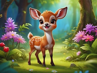 Closeup of Smiling Baby Deer in Flowered Jungle, Cute baby deer in the fairyland forest full of  flora and grass,  Nursery Decorations, Cute beautiful baby animals for kids room decorations