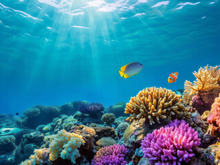 Fototapeta na wymiar Tropical coral reef with fish and sunlight in the blue sea