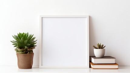 a mock up poster with metal frame, succulents, and books on white wall background.
