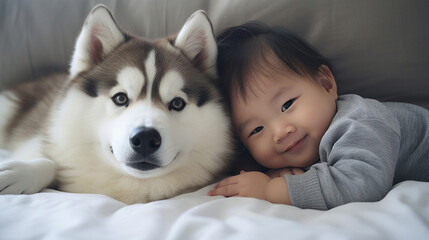 Small child lies on a bed with a dog. Dog and cute baby childhood friendship. Little boy and Dog