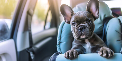 Cute gray French bulldog puppy sitting in a car seat and looking at the camera. The dog travels in a car seat in the back seat of a car. The concept of safe transportation of animals on the road