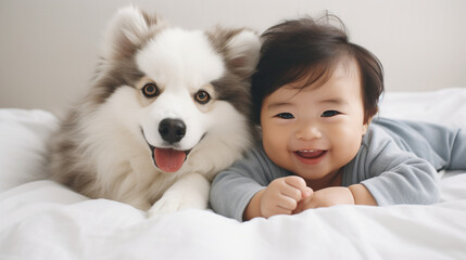 Small child lies on a bed with a dog. Dog and cute baby childhood friendship. Little boy and Dog