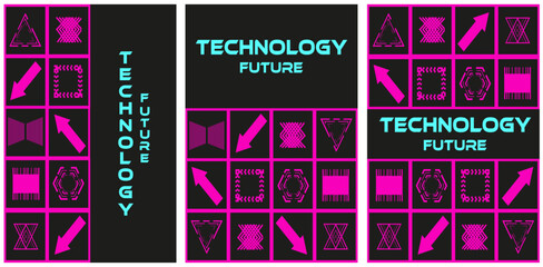 Set posters with pink nacid neon Cyberpunk Geometric element on black background. Cyber concept. Technology future banner. Vector illustration can use web social media design EPS 10 - obrazy, fototapety, plakaty