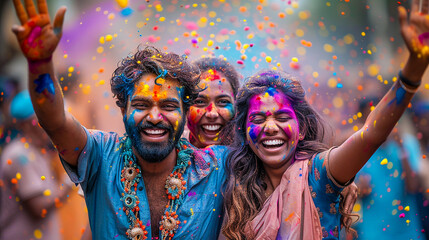 Joyful Indian group of friends in national costumes celebrate the Holi festival. Cheerful faces painted with colorful paints. Spring festival of colors - obrazy, fototapety, plakaty