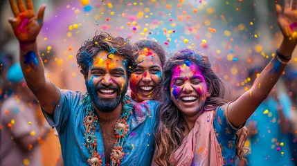 Tuinposter Joyful Indian group of friends in national costumes celebrate the Holi festival. Cheerful faces painted with colorful paints. Spring festival of colors © Irina
