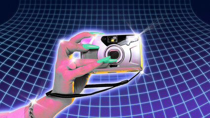 Poster. Contemporary art collage. Female hand make photoshoot on vintage camera against wireframe...