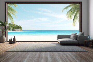 Sea view empty large living room of luxury summer beach house with wooden terrace. Minimal home interior with beach and sea view.