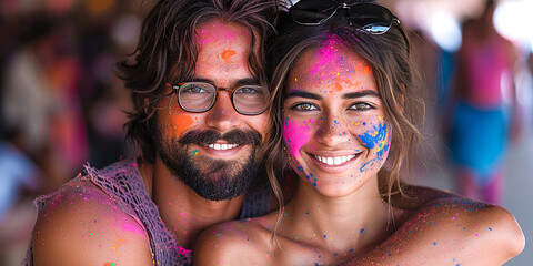 Young beautiful happy European couple celebrating Holi festival. Cheerful faces painted with colorful paints. Spring festival of colors.