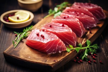 Fresh raw Tuna fillet steak and sashimi on wooden board background, delicious food for dinner, healthy food - Powered by Adobe