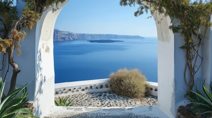 View of the sea from the house through the arch, Santorini island, Greece. - obrazy, fototapety, plakaty