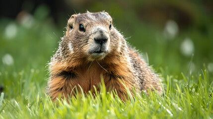 Naklejka na ściany i meble Curious Groundhog in Lush Green Grass
