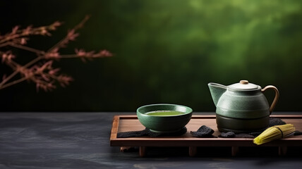 Japanese Matcha Green tea in Bowl and Pot. Traditional drink, Healthy and lifestyle drinking.