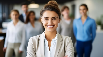 Leadership businesswoman boss stand in front of a teamwork