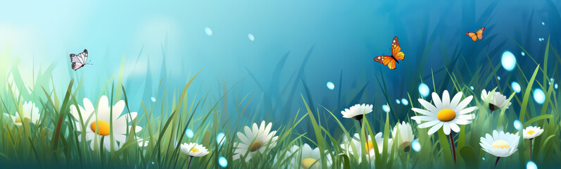 A Happy easter day banner, Easter eggs in meadow with blurred background