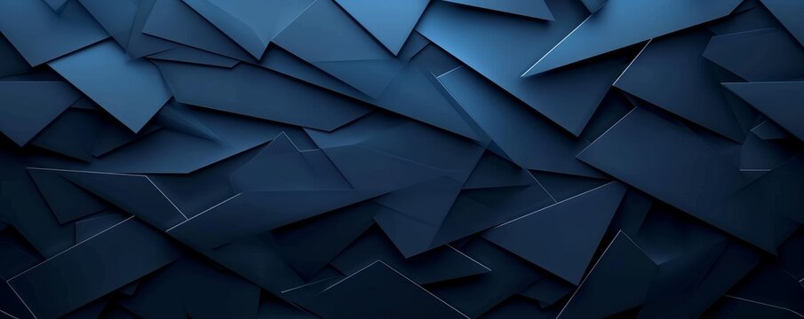 Abstract Texture Dark Blue Background Banner Panorama Long With 3d Geometric Triangular Shapes For Website, Business, Print Design Template Metallic Metal Paper Pattern Illustration, Generative AI