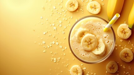 Banana glass smoothie milkshake background with bananas and free space for text - obrazy, fototapety, plakaty