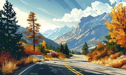 Papier Peint Lavable Bleu Jeans Scenic Autumn Journey: Majestic Mountains and Tranquil Forests Along the Canadian Highway