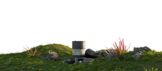 Rusted barrel and old boots in a field of flowers. 3D render.