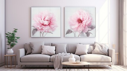 Set of modern abstract oil paintings with various textures and colors, including pink peonies, for interior decoration.