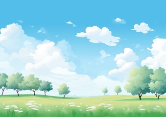 Fototapeta premium Serene Pastoral Landscape: Lush Green Trees and Fluffy Clouds - Generative AI