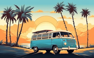 Retro Van by the Beach at Sunset: Tropical Surf Lifestyle - Generative AI