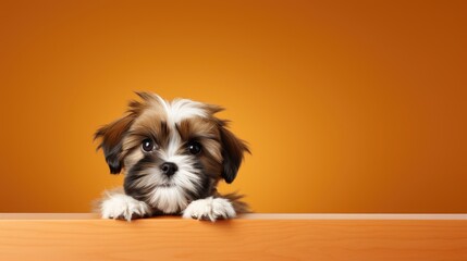 Shih Tzu puppy with an empty bowl, hungry. Background for text use.