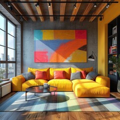 Modern living room with geometric art sketch wall calm and comfortable interior concept, great for industrial, inspiration, architecture, designer, apartment, residence etc. Generative Ai