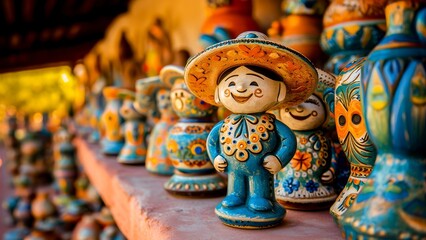 Colorful traditional Mexican ceramic figurines on display, showcasing vibrant art and cultural craftsmanship.