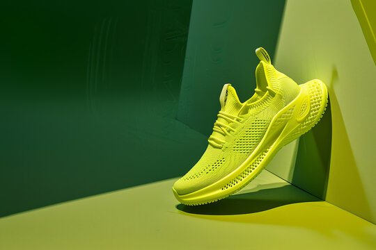 Bright yellow running shoes on a green background.