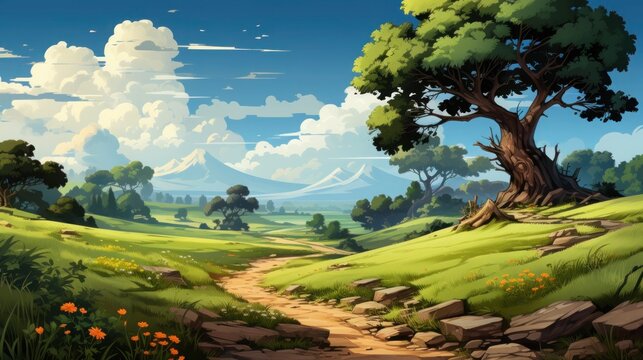 Animated landscape, rich in detail and color. A winding dirt path meanders through a green field.
