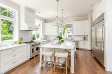 Spacious Kitchen With White Cabinets and Center Island