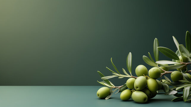 olive branch with green olives on color background